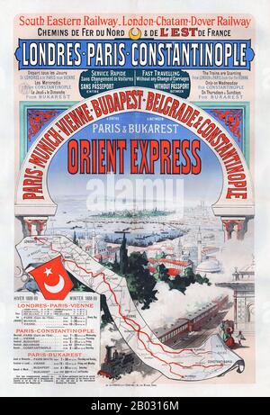 Der Orient-Express war der Name eines Personenfernzugdienstes, der im Jahr 1883 von der Compagnie Internationale des Wagons-Lits (CIWL) geschaffen wurde. Die Strecke und das Rollmaterial des Orient-Express änderten sich vielfach. Mehrere Routen in der Vergangenheit verwendeten gleichzeitig den Orient-Express-Namen oder leichte Varianten davon. Obwohl der ursprüngliche Orient-Express einfach nur ein normaler internationaler Eisenbahnverkehr war, wurde der Name zum Synonym für Intrigen und Luxusreisen. Die beiden mit dem Orient-Express am prominentesten verbundenen Stadtnamen sind Paris und Constantino (Istanbul), die ursprünglichen Endpunkte o Stockfoto