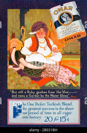 Anfang der 1900er Jahre verdreifachten Hersteller türkischer und ägyptischer Zigaretten ihren Absatz und wurden zu legitimen Konkurrenten führender Marken. Im Jahr 1911 führte Die American Tobacco Company Omar ein, eine erstklassige türkische Mischzigarette, um mit anderen führenden türkischen Marken wie Murad konkurrieren zu können. Die Zigarette wurde nach dem mittelalterlichen persischen Dichter Omar Khayyam benannt, der von 1900 bis 1930 wieder an Popularität gewann. Werbung für Omar-Zigaretten nahm Bezug auf Khayyams berühmtes Gedicht "The Rubaiyat" und konzentrierte sich auf Themen wie Vergnügen, Freizeit und Luxus. Stockfoto