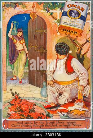 Anfang der 1900er Jahre verdreifachten Hersteller türkischer und ägyptischer Zigaretten ihren Absatz und wurden zu legitimen Konkurrenten führender Marken. Im Jahr 1911 führte Die American Tobacco Company Omar ein, eine erstklassige türkische Mischzigarette, um mit anderen führenden türkischen Marken wie Murad konkurrieren zu können. Die Zigarette wurde nach dem mittelalterlichen persischen Dichter Omar Khayyam benannt, der von 1900 bis 1930 wieder an Popularität gewann. Werbung für Omar-Zigaretten nahm Bezug auf Khayyams berühmtes Gedicht "The Rubaiyat" und konzentrierte sich auf Themen wie Vergnügen, Freizeit und Luxus. Stockfoto