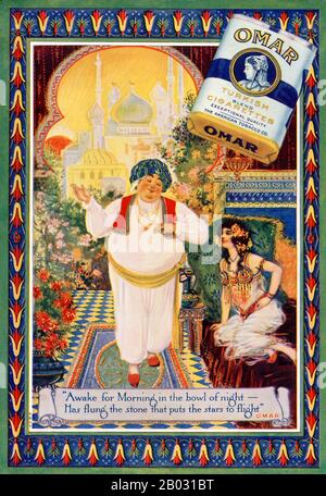 Anfang der 1900er Jahre verdreifachten Hersteller türkischer und ägyptischer Zigaretten ihren Absatz und wurden zu legitimen Konkurrenten führender Marken. Im Jahr 1911 führte Die American Tobacco Company Omar ein, eine erstklassige türkische Mischzigarette, um mit anderen führenden türkischen Marken wie Murad konkurrieren zu können. Die Zigarette wurde nach dem mittelalterlichen persischen Dichter Omar Khayyam benannt, der von 1900 bis 1930 wieder an Popularität gewann. Werbung für Omar-Zigaretten nahm Bezug auf Khayyams berühmtes Gedicht "The Rubaiyat" und konzentrierte sich auf Themen wie Vergnügen, Freizeit und Luxus. Stockfoto