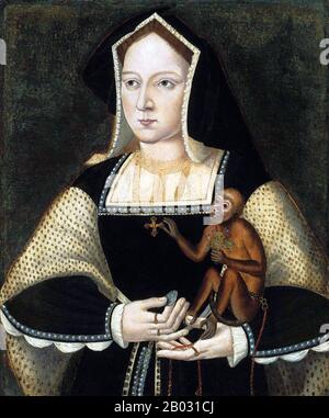 Katharina von Aragon (Kastilisch: Catalina; auch Katherine von Aragon geschrieben, 16. Dezember 1485 - 7. Januar 1536) war von Juni 1509 bis Mai 1533 die Königin von England als erste Frau von König Heinrich VIII.; sie war zuvor Prinzessin von Wales als Ehefrau von Prinz Arthur. Katharina, die Tochter von Königin Isella I. von Kastilien und König Ferdinand II. Von Aragon, war drei Jahre alt, als sie Prinz Arthur, dem Thronfolger der Engländer, verlobt wurde. Sie heirateten 1501, Arthur starb fünf Monate später. 1507 hatte sie das Amt des Botschafters für den spanischen Gerichtshof in England inne Stockfoto