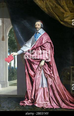 Armand Jean du Plessis, Cardinal-Herzog von Richelieu und von Fronsac (September 1585 - 4. Dezember 1642), allgemein als Kardinal Richelieu bezeichnet, war ein französischer Geistlicher, Adeliger und Staatsmann. 1607 wurde er zum Bischof und 1616 zum Außenminister ernannt. Richelieu stieg bald sowohl in der katholischen Kirche als auch in der französischen Regierung auf, wurde 1622 Kardinal und 1624 Chief Minister von König Louis XIII. Er blieb bis zu seinem Tod 1642 im Amt; er wurde Nachfolger von Kardinal Mazarin, dessen Karriere er gefördert hatte. Stockfoto