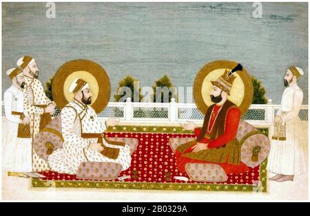 Nasir-ud-Din Muhammad Shah, Nasir-ud-Din Muhammad Shah Irkhwaz, Abu Al-Fatah Nasir-ud-Din Roshan Akhtar Muhammad Shah (17. August 1702 - 26. April 1748) war zwischen 1719 und 1748 der 12. Mughal-Kaiser. Nader Shah Afshar oder Nadir Shah, auch Nader Qoli Beg oder Tahmasp Qoli Khan genannt (November, 1688 oder 6. August 1698 - 19. Juni 1747) regierte als Schah von Persien (1736-47) und war einer der mächtigsten Herrschaften der iranischen Geschichte. Stockfoto