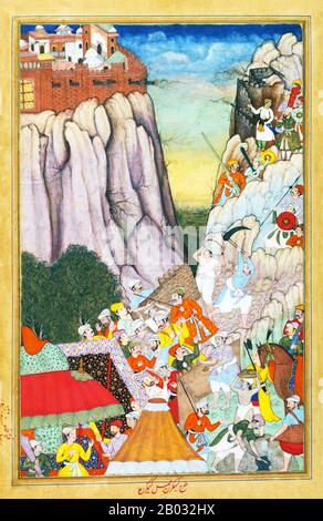 Belagerung von Ranthambore; am 8. Februar 1568 führte Akbar eine massive Mughal-Armee, die sich aus über 50.000 Mann zusammensetzte und Ranthambore Fort belagerte. Akbar war nach seinen Siegen bei der Schlacht von Thanesar und der Belagerung von Chittorgarh ermutigt worden und nur Ranthambore Fort blieb unbesiegt. Akbar war der Ansicht, dass Ranthambore Fort eine große Bedrohung für das Mogulreich sei, weil es Hada Rajputs beherbergte, die sich als vereidigte Feinde der Moghals hielten. Am 21. März 1568 öffnete Rao Surjan Hada das Tor des Fort von Ranthambore und ließ die Armee von Mughal eindringen, nachdem er Statuen von Hindudeiti gesammelt hatte Stockfoto