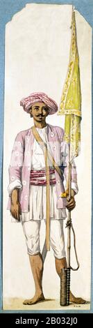 Tipu Sultan (November 1750, Devanahalli - 4. Mai 1799, Seringapatam), auch Tiger von Mysore genannt, war de-facto-Machthaber des Königreichs Mysore. Er war der Sohn von Hyder Ali, damals Offizier in der Armee der Mysoräer, und seiner zweiten Frau Fatima oder Fakhr-un-Nissa. Tipu erhielt eine Reihe von Ehrentiteln und wurde als Sultan Fateh Ali Khan Shahab, Tipu Saheb, Bahadur Khan Tipu Sultan oder Fatih Ali Khan Tipu Sultan Bahadur bezeichnet. Stockfoto