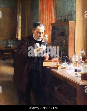 Louis Pasteur (1822-1895) war ein französischer Chemiker und Mikrobiologe, der für seine Entdeckungen der Prinzipien der Impfung, der mikrobiellen Fermentation und der Pasteurisierung bekannt ist. Er reduzierte die Sterblichkeit durch Puerperalfieber und schuf die ersten Impfstoffe für Tollwut und Milzbrand. Pasteurs medizinische Entdeckungen unterstützten die Keimtheorie der Krankheit und ihre Anwendung in der klinischen Medizin direkt. Zusammen mit Ferdinand Cohn und Robert Koch gilt er als einer der drei Hauptgründer der Bakteriologie. Stockfoto