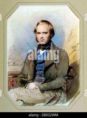 Charles Robert Darwin, FRS (12. Februar 1809 - 19. April 1882) war ein englischer Naturforscher und Geologe, der vor allem für seine Beiträge zur Evolutionstheorie bekannt ist. Er stellte fest, dass alle Lebensarten im Laufe der Zeit von gemeinsamen Vorfahren abstammen, Und in einer gemeinsamen Veröffentlichung mit Alfred Russel Wallace führte er seine wissenschaftliche Theorie ein, dass dieses Verzweigungsmuster der Evolution aus einem Prozess resultierte, den er natürliche Auswahl nannte, bei dem der Kampf um Existenz eine ähnliche Wirkung hat wie die künstliche Auswahl, die in der selektiven Züchtung involviert ist. Darwin veröffentlichte seine Evolutionstheorie mit Co Stockfoto