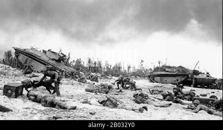 Die Schlacht von Peleliu wurde von September bis November 1944 auf der Insel Peleliu (im heutigen Palau) zwischen den Vereinigten Staaten und dem Kaisertum Japan im Pazifiktheater des zweiten Weltkriegs ausgetragen. US-Marines der First Marine Division und spätere Soldaten der 81st Infantry Division der US Army kämpften um die Einnahme eines Flugstreifens auf der kleinen Koralleninsel. Diese Schlacht war Teil einer größeren Offensivkampagne, die als Operation Forager bekannt war und von Juni bis November 1944 im Pacific Theatre of Operations lief. Stockfoto