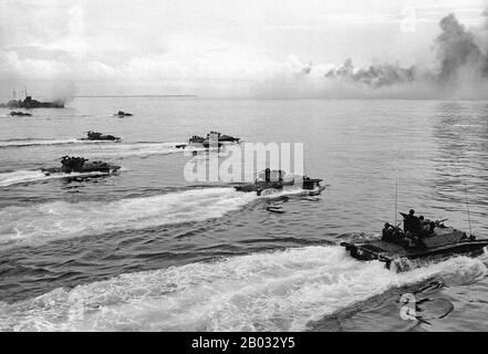 Die Schlacht von Peleliu wurde von September bis November 1944 auf der Insel Peleliu (im heutigen Palau) zwischen den Vereinigten Staaten und dem Kaisertum Japan im Pazifiktheater des zweiten Weltkriegs ausgetragen. US-Marines der First Marine Division und spätere Soldaten der 81st Infantry Division der US Army kämpften um die Einnahme eines Flugstreifens auf der kleinen Koralleninsel. Diese Schlacht war Teil einer größeren Offensivkampagne, die als Operation Forager bekannt war und von Juni bis November 1944 im Pacific Theatre of Operations lief. Stockfoto