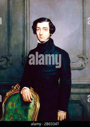 Alexis-Charles-Henri Clerel de Tocqueville (29. Juli 1805 - 16. April 1859) war ein französischer politischer Denker und Historiker, der vor allem für seine Werke Demokratie in Amerika (erschienen in zwei Bänden: In den Jahren um die Jahre 1865 und um die Revolution (1856) bekannt ist. In beiden analysierte er den verbesserten Lebensstandard und die sozialen Bedingungen von Einzelpersonen sowie deren Verhältnis zu Markt und Staat in westlichen Gesellschaften. Demokratie in Amerika wurde nach Tocquevilles Reisen in die Vereinigten Staaten veröffentlicht und gilt heute als Frühwerk der Soziologie und der Politikwissenschaft. Stockfoto