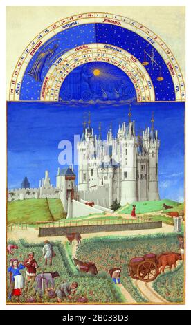 Das Tres Riches Heures du Duc de Berry ist das bekannteste und möglicherweise das beste erhaltene Beispiel für die französische Gothic-Handschriftenbeleuchtung, die die spätinternationale Gothic-Phase des Stils zeigt. Es ist ein Stundenbuch: Eine Sammlung von gebeten, die zu den kanonischen Stunden gesagt werden sollen. Sie entstand zwischen c 1412 und 1416 für den extravaganten königlichen Bibliothekaren und Patron Johannes, Herzog von Berry, durch die Brüder Limbourg. Als die drei Maler und ihr Förderer 1416 starben, möglicherweise Opfer der Plage, blieb das Manuskript unfertig. Sie wurde in den 1440er Jahren von einem anonymen Maler weiter verschönert Stockfoto