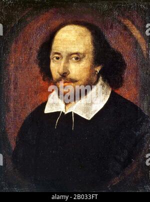 William Shakespeare (26. April 1564 - 23. April 1616) war ein englischer Dichter, Dramatiker und Schauspieler, der weithin als der größte Schriftsteller in der englischen Sprache und der vornehmste Dramatiker der Welt gilt. Seine extanten Werke, darunter Kollaborationen, bestehen aus etwa 38 Theaterstücken, 154 Sonetten, zwei langen erzählenden Gedichten und einigen anderen Versen, teilweise aus unsicherer Autorschaft. Seine Stücke wurden in jede große lebende Sprache übersetzt und werden häufiger aufgeführt als die eines anderen Dramatikers. Das Chandos-Porträt ist das bekannteste der Porträts, die William Shakespeare darstellen können. Painte Stockfoto