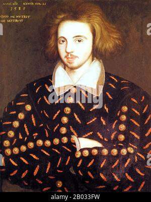 Christopher Marlowe, auch Kit Marlowe (26. Februar 1564 - 30. Mai 1593), war ein englischer Dramatiker, Dichter und Übersetzer der elisabethanischen Epoche. Er hat William Shakespeare stark beeinflusst, der im selben Jahr wie Marlowe geboren wurde und nach Marlowes mysteriösem frühen Tod zum prägenden elisabethanischen Dramatiker wurde. Stockfoto