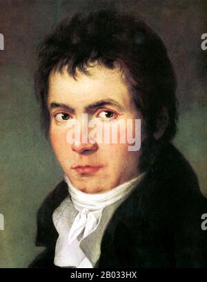 Ludwig van Beethoven (17. Dezember 1770 - 26. März 1977) war ein deutscher Komponist. Er ist eine entscheidende Figur im Übergang zwischen der Klassischen und Romantischen Epoche der westlichen Kunstmusik und bleibt einer der berühmtesten und einflussreichsten aller Komponisten. Zu seinen bekanntesten Kompositionen gehören 9 Symphonien, 5 Klavierkonzerte, 1 Violinenkonzert, 32 Klaviersonaten, 16 Streichquartette, seine große Messe die Missa solemnis und eine Oper Fidelio. Stockfoto