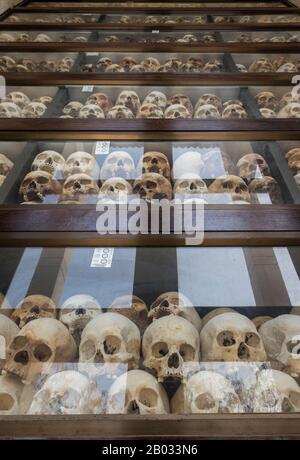 Etwa 12 km (7½ Meilen) südlich von Phnom Penh liegen die berüchtigten Tötungsfelder von Choeung Ek. Hier wurden Opfer der Khmer Rouge, darunter viele aus Tuol Sleng, zur Hinrichtung und Bestattung in Massengräbern gebracht. Viele davon wurden inzwischen exhumiert, und zu ihrem Gedenken wurde ein stupa-förmiges Mausoleum errichtet. Die Khmer Rouge oder die Kommunistische Partei Kampucheas regierten von 1975 bis 1979 Kambodscha, angeführt von Pol Pot, Nuon Chea, Ieng Sary, Son Sen und Khieu Samphan. Man erinnert sich vor allem an seine Brutalität und Politik der Sozialtechnik, die Millionen von Toten zur Folge hatte. Seine Versuche in der Landwirtschaft Stockfoto
