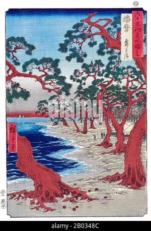 Utagawa Hiroshige (* um die Welt von Japan; † 12. Oktober 1858) war ein japanischer Ukiyo-e-Künstler und einer der letzten großen Künstler dieser Tradition. Er wurde auch als Andō Hiroshige und mit dem Kunstnamen Ichiyusai Hiroshige bezeichnet. Unter vielen Meisterwerken erinnert man sich vor allem an "Die Neunundsechzig Stationen des Kisokaidos" (1834-1842) und "Sechsunddreißig Ansichten des Fuji" (zwischen 1852-1858). Hiroshige's 'Maiko Beach' wird in der Regel zugeschrieben, dass er dazu beigetragen hat, Vincent Van Goghs 'Olive Orchard' (1889) zu inspirieren. Stockfoto