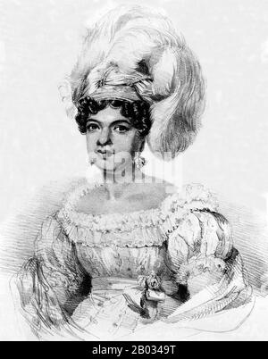 Kamamalu Kalan Ku'ana-o-Kamehamalu Kekuaiwa-o-kalani Keali-Ho'opili-a-Walu (1802-1824) war Königin Consort des Königreichs Hawaii als Ehefrau von König Kamehameha II 1823 verließen Kamehameha II. Und Kamamalu die Sandwichinseln nach London und trafen dort im Mai 1824 zu einem Staatsbesuch bei König Georg IV. Ein In London wurde die königliche Party mit der neuesten Mode ausgestattet und besuchte Oper und Ballett im Theatre Royal in der Drury Lane. Viele Londoner Damen suchten nach den Mustern des Turbans, der ihren Kopf schmückte. Sie sorgte für Aufmerksamkeit, weil sie über 6 Fuß groß war und auffallend verschönerte Stockfoto