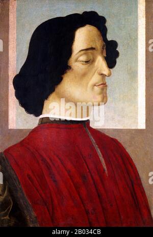 Giuliano de' Medici (25. März 1453 - 26. April 1478) war der zweite Sohn von Piero de' Medici und Lucrezia Tornabuoni. Er war Mitherrscher von Florenz, mit seinem Bruder Lorenzo dem Prächtigen. Alessandro di Mariano di Vanni Filipepi, bekannt als Sandro Botticelli (ca. 1445 - 17. Mai 1510), war ein italienischer Maler der Frührenaissance. Er gehörte der Florentiner Schule unter der Schirmherrschaft von Lorenzo de' Medici an, einer Bewegung, die Giorgio Vasari weniger als hundert Jahre später in seiner Vita von Botticelli als "goldenes Zeitalter" charakterisieren würde. Botticellis posthume Reputation litt bis spät Stockfoto