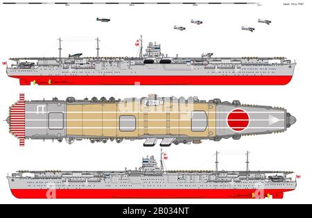 Der Flugzeugträger Hiryu der Kaiserlich japanischen Marine wurde zwischen 1936 und 1939 konstruiert und diente zwischen 1939 und 1942. Die Hiryu nahmen im Dezember 1941 am Angriff auf Pearl Harbor Teil und wurden im Juni 1942 bei der Schlacht um Midway versenkt. Stockfoto