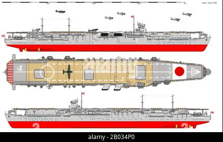 Der Flugzeugträger Soryu der Kaiserlich japanischen Marine wurde zwischen 1934 und 1937 konstruiert und diente zwischen den Jahren von 1927 bis 1942. Die Soryu nahmen im Dezember 1941 am Angriff auf Pearl Harbor Teil und wurden im Juni 1942 bei der Schlacht um Midway versenkt. Stockfoto