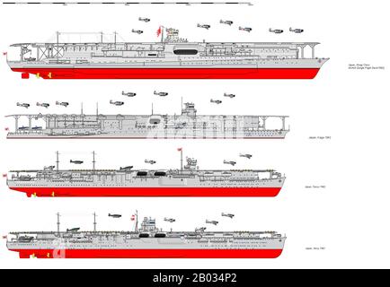 Der Flugzeugträger Akagi der Kaiserlich japanischen Marine wurde zwischen 1920 und 1927 konstruiert und diente zwischen den Jahren von 1927 bis 1942. Die Akagi nahmen im Dezember 1941 am Angriff auf Pearl Harbor Teil und wurden im Juni 1942 bei der Schlacht um Midway versenkt. Der Flugzeugträger Kaga der Kaiserlich japanischen Marine wurde zwischen 1920 und 1928 konstruiert und diente zwischen 1928 und 1942. Die Kaga beteiligte sich im Dezember 1941 am Angriff auf Pearl Harbor und wurde im Juni 1942 bei der Schlacht um Midway versenkt. Der Flugzeugträger Soryu der Kaiserlich japanischen Marine wurde zwischen 1934 und 1937 konstruiert und diente zwischen Stockfoto