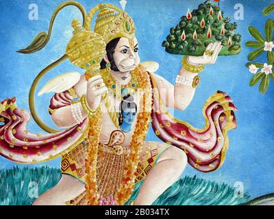 Die Hindu-Gottheit Hanuman ist ein glühender Anhänger von Rama, einer zentralen Figur im indischen Epos Ramayana. Als General unter den Vanaras, einer ape-ähnlichen Rasse der Waldbewohner, ist Hanuman eine Inkarnation des Göttlichen und ein Schüler von Lord Sri Rama im Kampf gegen den Dämonenkönig Ravana. Die am meisten verehrten Hindu-Stätte in Nepal ist der weitläufige Pashupatinath-Tempelkomplex, fünf Kilometer östlich des zentralen Kathmandu. Im Mittelpunkt der Hingabe steht hier ein großer silberner Shivalingam mit vier Seitenflächen aus Shiva, der zu einem "Chaturmukhi-Linga" oder zu einem vierseitigen Shivalingam wird. Pashupati ist eine von S Stockfoto