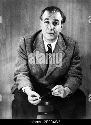 Jorge Francisco Isidoro Luis Borges KBE (24. August 1899 - 14. Juni 1986), war ein argentinischer Kurzgeschichtenautor, Essayist, Dichter und Übersetzer und eine Schlüsselfigur der spanischsprachigen Literatur. Seine bekanntesten Bücher, Ficciones (Fictions) und El Aleph (The Aleph), die in den vierziger Jahren veröffentlicht wurden, sind Zusammenstellungen von Kurzgeschichten, die durch gemeinsame Themen miteinander verbunden sind, darunter Träume, Labyrinthe, Bibliotheken, Spiegel, fiktive Schriftsteller, Philosophie und Religion. Borges' Werke haben zur philosophischen Literatur und zum Fantasy-Genre beigetragen. Stockfoto