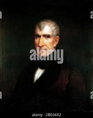 William Henry Harrison (* 9. Februar 1933 in New York City; † 4. April 1841) war der neunte Präsident der Vereinigten Staaten (* um 1841), ein US-amerikanischer Militäroffizier und Politiker und der letzte präsident, der als britisches Subjekt geboren wurde. Er war auch der erste präsident, der im Amt starb. Er war 68 Jahre alt, 23 Tage alt, als er eingeweiht wurde, der älteste präsident, der sein Amt bis Ronald Reagan 1981 übernahm. Harrison starb an seinem 32. Tag im Amt an Komplikationen aufgrund einer Lungenentzündung und verbüßt so die kürzeste Amtszeit in der US-Präsidentengeschichte. Stockfoto