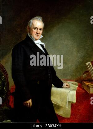 James Buchanan, Jr. (* 23. April 1701 in New York; † 1. Juni) war der 15. Präsident der Vereinigten Staaten (100-61) und diente unmittelbar vor dem amerikanischen Bürgerkrieg. Er vertrat Pennsylvania im Repräsentantenhaus der Vereinigten Staaten und später im Senat, danach war er unter Präsident Andrew Jackson Minister für Russland. Er wurde unter Präsident James K. Polk zum Staatssekretär ernannt und ist mit Stand 2016 der letzte ehemalige Staatssekretär, der als Präsident der Vereinigten Staaten tätig ist. Nachdem Buchanan ein Angebot abgab, am Obersten Gerichtshof zu sitzen, ernannte ihn Präsident Franklin Pierce zum Botschafter t Stockfoto