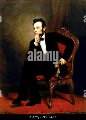 Abraham Lincoln (12. Februar 1809 - 15. April 1865) war der 16. präsident der Vereinigten Staaten und diente von März 1861 bis zu seiner Ermordung im April 1865. Lincoln führte die Vereinigten Staaten durch seinen Bürgerkrieg - seinen blutigsten Krieg und seine größte Moral-, Verfassungs- und politische Krise. Dabei bewahrte er die Union, schaffte die Sklaverei ab, stärkte den Bund und modernisierte die Wirtschaft. Stockfoto