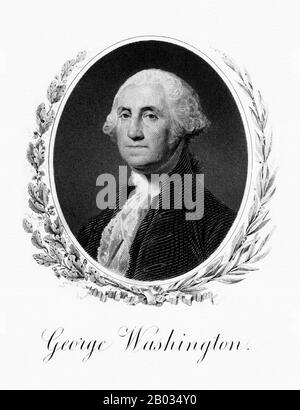 George Washington (22. Februar 1732 - 14. Dezember 1799) war der erste Präsident der Vereinigten Staaten (1789-97), der Oberbefehlshaber der kontinentalen Armee während des amerikanischen Unabhängigkeitskrieges und einer der Gründungsväter der Vereinigten Staaten. Er leitete den Konvent, der die aktuelle Verfassung der Vereinigten Staaten entworfen hatte und zu seinen Lebenszeit "Vater seines Landes" genannt wurde. Stockfoto