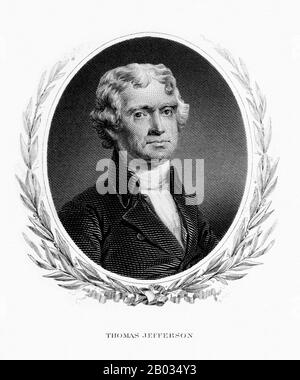 Thomas Jefferson (* 13. April 1743 in New York; † 4. Juli 1826) war ein US-amerikanischer Gründervater und Hauptautor der Unabhängigkeitserklärung (1776). Er wurde zum zweiten Vizepräsidenten der Vereinigten Staaten gewählt (zwischen den Jahren 90-1801) und diente unter John Adams und 1800 wurde er zum dritten Präsidenten gewählt (zwischen 1801 und 09). Jefferson war ein Verfechter der Demokratie, des Republikanismus und der individuellen Rechte, die amerikanische Kolonisten dazu motivierten, sich von Großbritannien zu lösen und eine neue Nation zu bilden. Er erstellte prägende Dokumente und Entscheidungen sowohl auf staatlicher als auch auf nationaler Ebene. Stockfoto