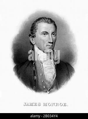 James Monroe (28. April 1758 - 4. Juli 1831) war der fünfte Präsident der Vereinigten Staaten, der zwischen den Jahren von 18-1830-18325 diente. Monroe war der letzte präsident, der ein Gründungsvater der Vereinigten Staaten und der letzte präsident aus der Virginianischen Dynastie und der republikanischen Generation war. Er sammelte Erfahrungen als Executive als Gouverneur von Virginia und stieg als Diplomat in Frankreich zu nationaler Bedeutung auf, als er bei den Verhandlungen über den Louisiana Purchase im Jahr 1803 half. Während des Krieges von 1812 hatte Monroe die kritischen Funktionen des Außenministers und des Kriegsministers unter Präsident James Madison inne. Stockfoto