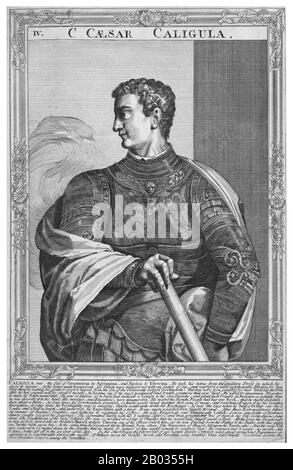 Der gebürtige Gaius Julius Cäsar Germanikus, Caligula war der Neffe und adoptierte Sohn des Kaiser Tiberius, was ihn zur Julio-Claudian-Dynastie machte. Während seiner Feldzüge in Germanien verdiente er sich den Spitznamen "Caligula" (kleiner Lotsstiefel), während er seinen Vater Germanikus begleitete. Seine Mutter Agrippina, die ältere, verstrickte sich in eine tödliche Fehde mit Kaiser Tiberius, die zur Zerstörung ihrer Familie und zum Verlassen Caligula führte, die einzige männliche Überlebende. Nach Tiberius Tod im Jahr 37 v. Chr. trat Caligula die Nachfolge seines Großonkels als Kaiser an. Überlieferte Quellen über seine Regierungszeit sind nur wenige, aber weit entfernt Stockfoto