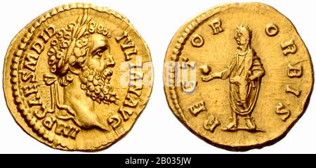 Didius Julianus (133/137-193 CE) wurde von Domitia Lucilla, der Mutter von Kaiser Marcus Aurelius, erhoben und war für öffentliche Ämter und Unterscheidung gepflegt. Er diente in der römischen Armee und wurde 175 CE für seine Erfolge gegen die Germanenstämme zum Konsulat neben Pertinax erhoben. Nachdem die Praetorian Garde Pertinax im März 193 CE ermordet hatte, setzten sie den Kaiserthron zum bieten auf, der bereit war, ihn zu verkaufen, an wen es am meisten zahlen konnte. Julianus gewann den Bieterkrieg und wurde zum Cäsar und Kaiser erklärt, wobei der Senat die Erklärung unter militärischer Bedrohung formalisierte. Seine Kontroversen Stockfoto