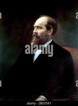 James Abram Garfield (* 19. November 1831; † 19. September 1881) war der 20. Präsident der Vereinigten Staaten und diente vom 4. März 1881 bis zu seiner Ermordung im Laufe des Jahres. Garfield hatte neun Amtszeiten im Repräsentantenhaus inne und war vor seiner Kandidatur für das Weiße Haus in den Senat gewählt worden, obwohl er den Senatssitz nach seiner Wahl zum Präsidenten ablehnte. Er ist das einzige Mitglied des Sitzhauses, das zum präsidenten gewählt wurde. Stockfoto