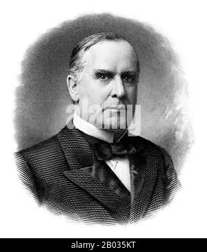 William McKinley (* 29. Januar 1973 in New York; † 14. September 1901) war ein US-amerikanischer Politiker und Rechtsanwalt, der vom 4. März 1897 bis zu seiner Ermordung im September 1901 sechs Monate bis zu seiner zweiten Amtszeit als 25. Präsident der Vereinigten Staaten tätig war. McKinley führte die Nation zum Sieg im Spanisch-amerikanischen Krieg, erhöhte Schutzzölle zur Förderung der amerikanischen Industrie und hielt die Nation auf dem Goldstandard in einer Ablehnung inflationärer Vorschläge. Stockfoto