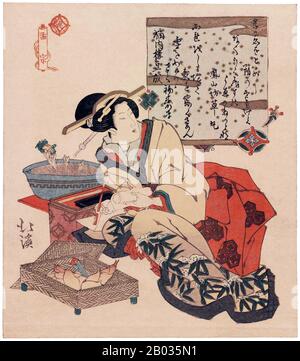 Totoya Hokkei war ein japanischer Druckerei-Zeichner und Buchillustrator. Er studierte zunächst Malerei bei Kano Yesen (1735-1808), dem Leiter der Kobikicho-Filiale der Kano-Schule und Okaeshi (offizieller Maler) beim Tokugawa-Shogunat. Zusammen mit Teisai Hokuba (71-1844) war Hokkei einer der besten Schüler von Katsushika Hokusai. Stockfoto