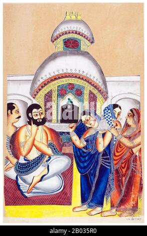 Kalighat-Malerei oder Kalighat Pat hat ihren Ursprung im Bengalen des 19. Jahrhunderts, in der Nähe des Kalighat-Kali-Tempels, Kalighat, Kolkata, Indien, und von Souvenirs, die von Besuchern des Kali-Tempels gekauft wurden, haben sich die Gemälde über einen Zeitraum als eine eigene Schule der indischen Malerei entwickelt. Aus der Darstellung hinduistischer Götter und anderer mythologischer Charaktere entwickelten sich die Kalighat-Gemälde, um eine Vielzahl von Themen zu reflektieren. Stockfoto