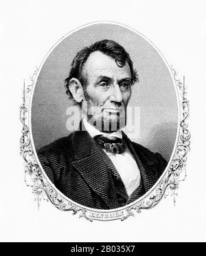 Abraham Lincoln (12. Februar 1809 - 15. April 1865) war der 16. Präsident der Vereinigten Staaten und diente von März 1861 bis zu seiner Ermordung im April 1865. Lincoln führte die Vereinigten Staaten durch seinen Bürgerkrieg - seinen blutigsten Krieg und seine größte Moral-, Verfassungs- und politische Krise. Dabei bewahrte er die Union, schaffte die Sklaverei ab, stärkte den Bund und modernisierte die Wirtschaft. Stockfoto