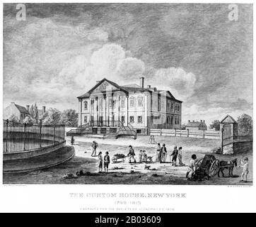 Das United States Custom House, manchmal auch als New York Custom House bezeichnet, war der Ort, an dem Bundeszölle auf Importwaren in New York City gesammelt wurden. Das Zollhaus bestand im Laufe der Jahre an mehreren Orten. Von der Zeit von 1720 bis zum Jahr 1799 befand es sich an der South William Street, gegenüber der Mill Lane, die als 5 Mill Street bekannt ist. Von 1799 bis 1815 befand es sich im Regierungshaus, ungefähr auf dem ehemaligen Gelände von Fort Amsterdam. Ab dem Jahr 1842 befand es sich an der 26 Wall Street in einem von John Frazee entworfenen Neubau; dieses Gebäude ist heute Federal Hall National Memorial. Ab dem Jahr 1862 befand es sich im E des Vertragspartners Stockfoto