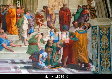 "Die Schule von Athen" oder die Scuola di Atene auf Italienisch ist eines der bekanntesten Freskenbilder des italienischen Renaissancekünstlers Raphael. Es wurde zwischen 1509 und 1511 im Rahmen von Raffaels kommission gemalt, um die heute als Stanze di Raffaello bezeichneten Räume im Apostolischen Palast im Vatikan mit Freskenausmalungen zu schmücken. Die Stanza della Segnatura war der erste der Räume, die dekoriert wurden, und "Die Schule von Athen" das zweite Gemälde, das dort nach "La Disputa" an der gegenüberliegenden Wand fertiggestellt wurde. Das Bild gilt lange Zeit als Raffaels Meisterwerk und die perfekte Verkörperung der Klassik Stockfoto