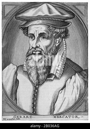Gerardus Mercator, ein flämischer Deutscher (5. März 1512 - 2. Dezember 1594) war ein Kartograf, der dafür bekannt war, eine Weltkarte auf der Grundlage einer neuen Projektion zu erstellen, die Segelkurse von konstantem Lager als gerade Linien darstellte - eine Innovation, die noch in nautischen Karten verwendet wird, die für die Navigation verwendet werden. An seinem Tag war er der berühmteste Geograph der Welt, aber darüber hinaus hatte er Interesse an Theologie, Philosophie, Geschichte, Mathematik und Magnetismus sowie an einem versierten Graveur, Kalligraphen und Hersteller von Globen und wissenschaftlichen Instrumenten. Stockfoto