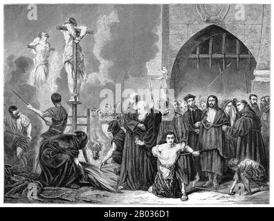 Das Gericht des Heiligen Amtes der Inquisition (Spanisch: Tribunal del Santo Oficio de la Inquisicion), das im allgemeinen als spanische Inquisition (Inquisicion espanola) bekannt ist, wurde 1478 von den katholischen Monarchen Ferdinand II. Von Aragon und der Herrschaft von Kastilien eingerichtet. Die Inquisition sollte ursprünglich vor allem die Rechtgläubigkeit derjenigen gewährleisten, die vom Judentum und vom Islam konvertierten. Die Regelung des Glaubens der neu konvertierten wurde intensiviert, nachdem die königlichen Dekrete 1492 und 1502 Juden und Muslime zur Bekehrung oder Ausreise nach Spanien beordern. Die Inquisition war nicht endgültig abol Stockfoto
