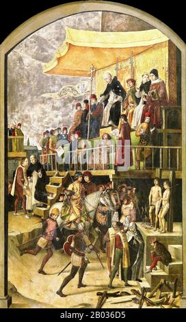 Das Gericht des Heiligen Amtes der Inquisition (Spanisch: Tribunal del Santo Oficio de la Inquisicion), das im allgemeinen als spanische Inquisition (Inquisicion espanola) bekannt ist, wurde 1478 von den katholischen Monarchen Ferdinand II. Von Aragon und der Herrschaft von Kastilien eingerichtet. Die Inquisition sollte ursprünglich vor allem die Rechtgläubigkeit derjenigen gewährleisten, die vom Judentum und vom Islam konvertierten. Die Regelung des Glaubens der neu konvertierten wurde intensiviert, nachdem die königlichen Dekrete 1492 und 1502 Juden und Muslime zur Bekehrung oder Ausreise nach Spanien beordern. Die Inquisition war nicht endgültig abol Stockfoto
