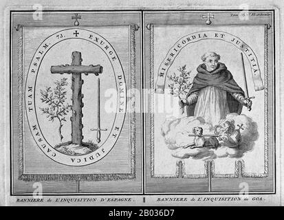 Das Gericht des Heiligen Amtes der Inquisition (Spanisch: Tribunal del Santo Oficio de la Inquisicion), das im allgemeinen als spanische Inquisition (Inquisicion espanola) bekannt ist, wurde 1478 von den katholischen Monarchen Ferdinand II. Von Aragon und der Herrschaft von Kastilien eingerichtet. Die Inquisition sollte ursprünglich vor allem die Rechtgläubigkeit derjenigen gewährleisten, die vom Judentum und vom Islam konvertierten. Die Regelung des Glaubens der neu konvertierten wurde intensiviert, nachdem die königlichen Dekrete 1492 und 1502 Juden und Muslime zur Bekehrung oder Ausreise nach Spanien beordern. Die Inquisition war nicht endgültig abol Stockfoto