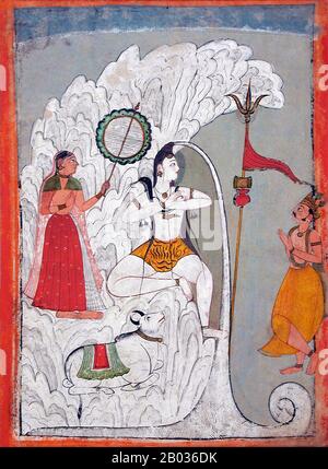 Indien: "Shiva Bearing the Descent of the Ganges River". Aquarell-Folio aus einem Hindi-Manuskript des heiligen Narayan, c. 1740. Shiva mit dem Abstieg des Ganges, während Parvati und Bhagiratha und der Stier Nandi zuschauen. In den Ramayana, den Mahabharata und mehreren Puranas erzählt und erzählt, beginnt die Geschichte mit einem Salbei, Kapila, dessen intensive Meditation von den sechzigtausend Söhnen von König Sagara gestört wurde. Kapila verärgert, dass sie gestört werden, lässt sie mit seinem zornigen Blick brüllen, zersetzt sie zu Asche und entsendet sie in die Unterwelt. Stockfoto