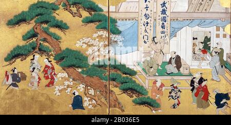 Hishikawa Moronobu (1618 - 25. Juli 1694) war ein japanischer Künstler, der dafür bekannt war, das Ukiyo-e-Genre der Holzschnitte und Gemälde im späten 17. Jahrhundert zu popularisieren. Stockfoto