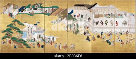 Hishikawa Moronobu (1618 - 25. Juli 1694) war ein japanischer Künstler, der dafür bekannt war, das Ukiyo-e-Genre der Holzschnitte und Gemälde im späten 17. Jahrhundert zu popularisieren. Stockfoto
