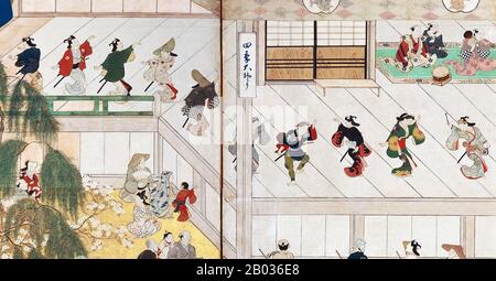 Hishikawa Moronobu (1618 - 25. Juli 1694) war ein japanischer Künstler, der dafür bekannt war, das Ukiyo-e-Genre der Holzschnitte und Gemälde im späten 17. Jahrhundert zu popularisieren. Stockfoto